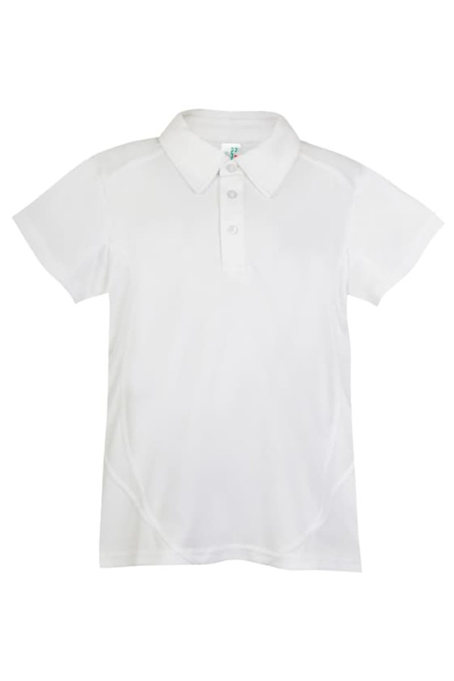 A white polyester polo shirt featuring a classic collar and a logo on the chest.