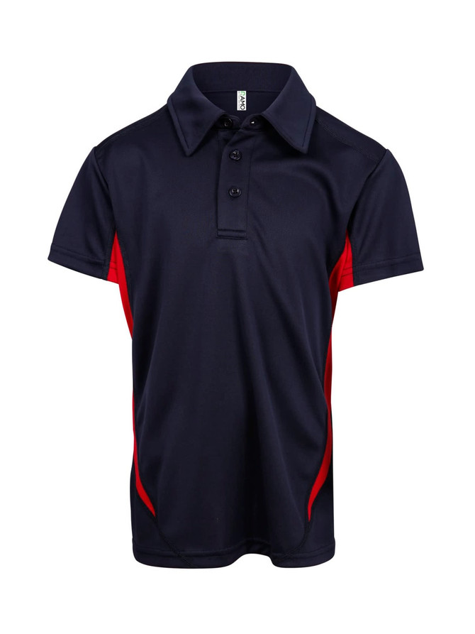 A polyester polo shirt in navy blue with red side panels and a collar. Features a logo on the chest area.
