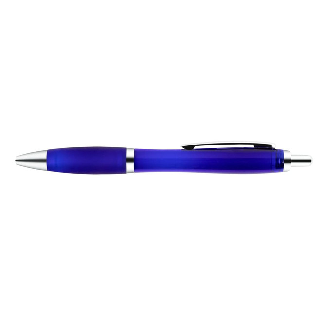 A transparent blue pen with a silver clip and accents. The pen features a smooth, sleek design suitable for writing.