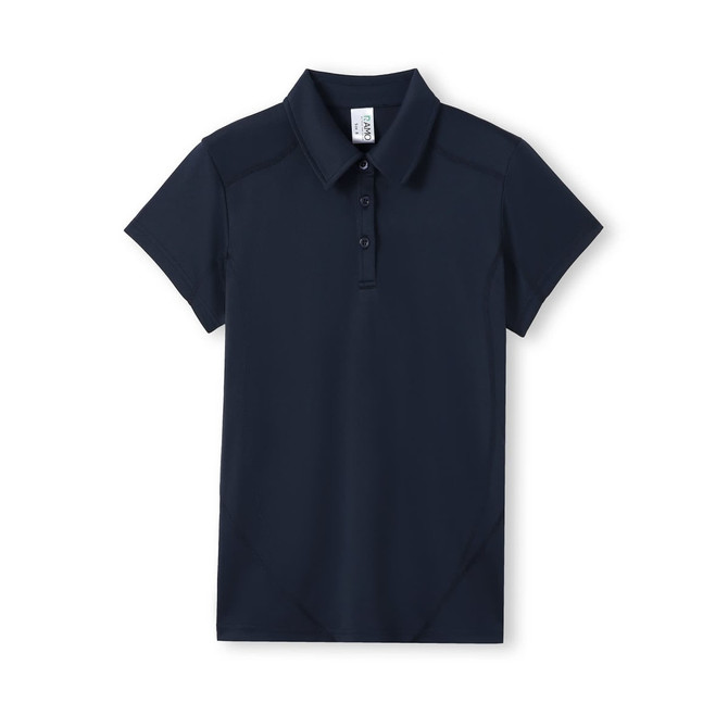 A navy women's polyester polo shirt with a collar and short sleeves. It features a logo.
