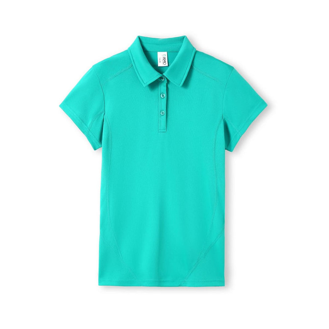 A turquoise women's polo shirt featuring a collar, buttons, and a logo.