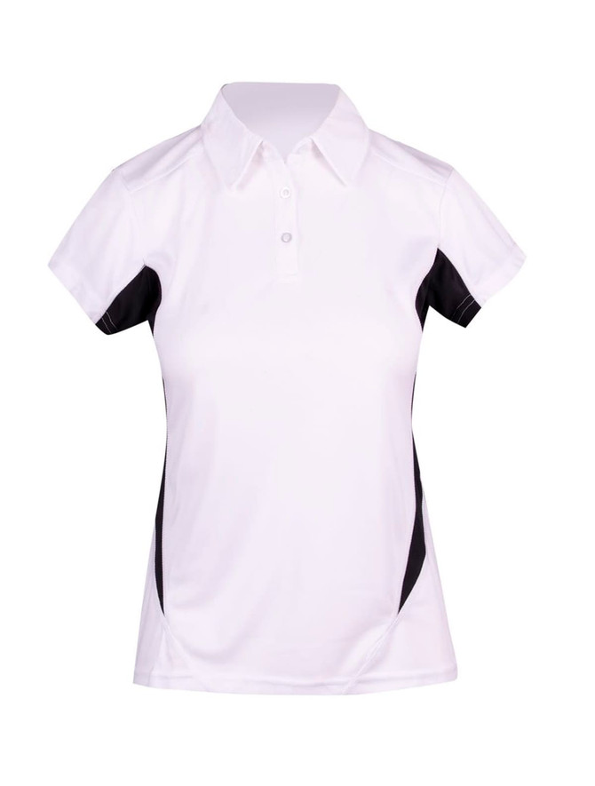 A white polyester polo shirt with black accents and a collar, featuring a logo on it.