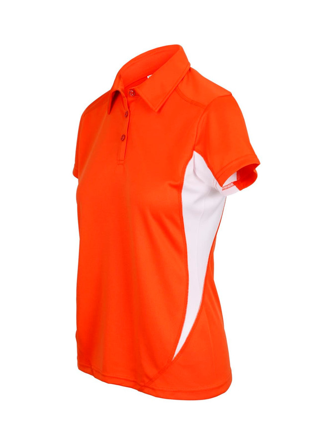 An orange and white women's polo shirt with a collar and short sleeves, featuring a logo on the side.