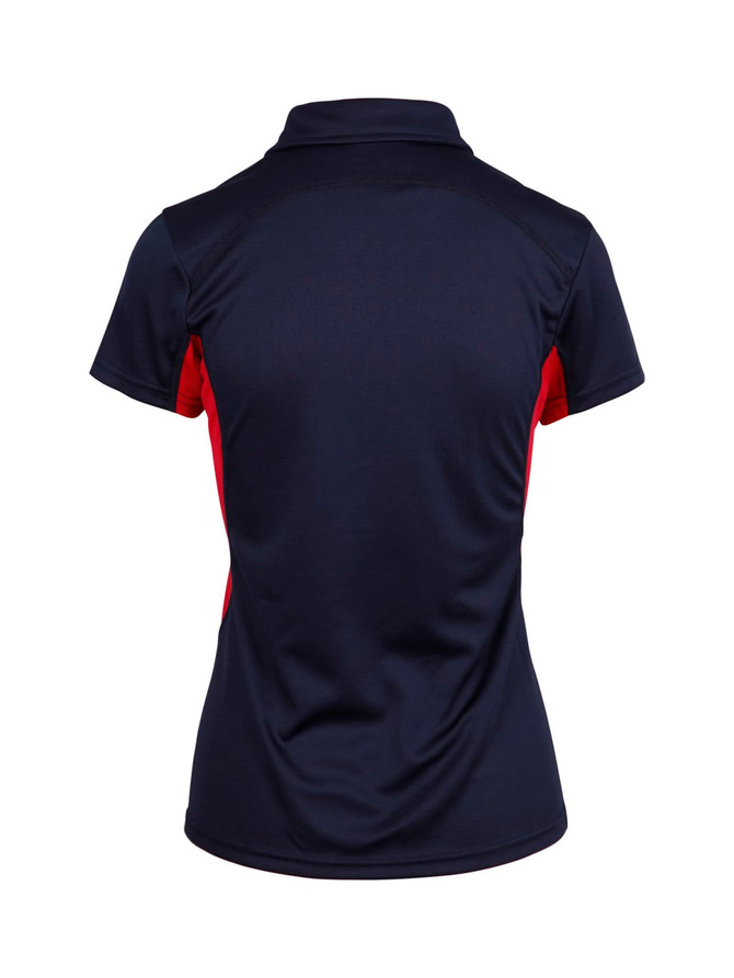 A women's polyester polo shirt in navy and red, featuring a logo. The back view showcases a sleek design.
