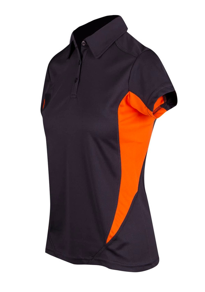A women's polyester polo shirt in black with orange side panels and a collar. It features a logo on the chest.