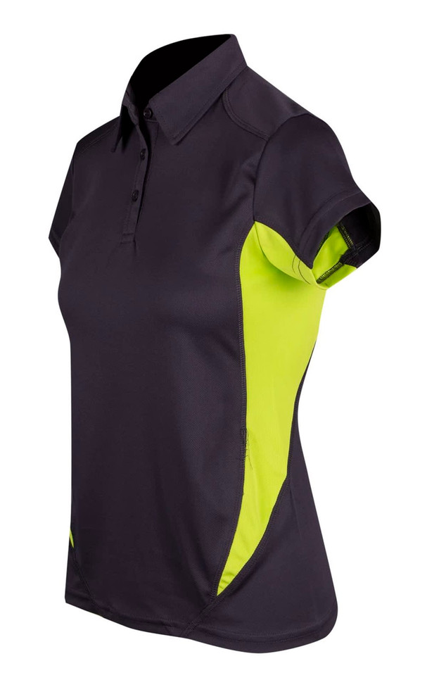 A women's polo shirt in black with fluorescent yellow side panels and a classic collar. It features a logo on the front.