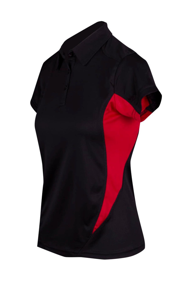 A black and red women's polo shirt with a collar and short sleeves, featuring a logo.