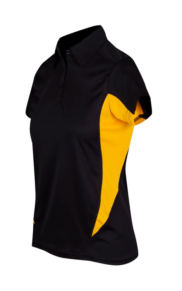 A black and yellow women's polyester polo shirt with short sleeves and a collar, featuring a logo.