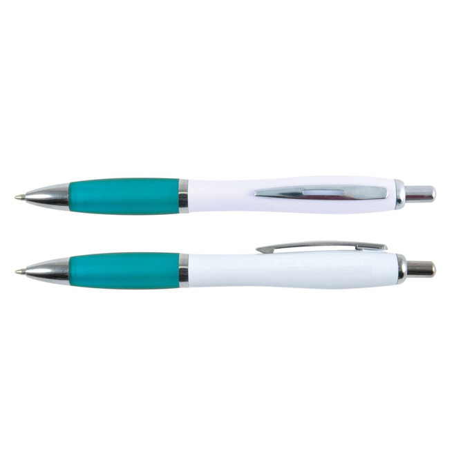 Two Viva Pens with a white barrel and teal accents, featuring a sleek design and chrome detailing.