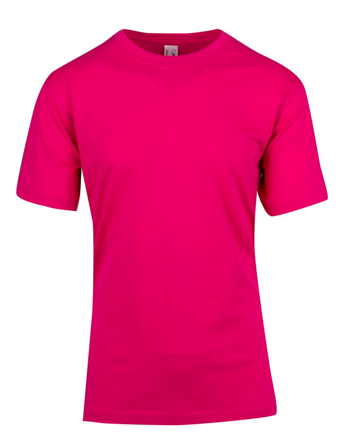 A pink modern fit tee with short sleeves and a simple design. It features a tag at the neckline.