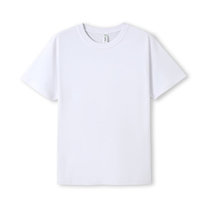 A white modern fit unisex T-shirt with a simple design and a label inside the neck.