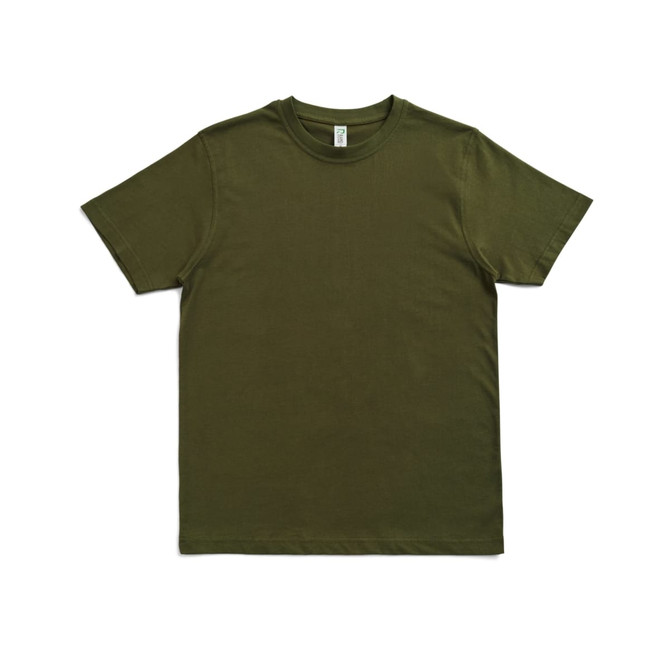 An olive green modern fit unisex T-shirt featuring a crew neckline and short sleeves.