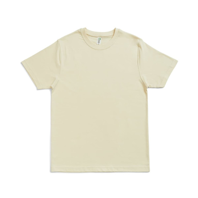 A light beige unisex modern fit tee with a crew neck and short sleeves, featuring a logo.
