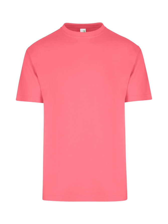 A unisex regular T-shirt in bright coral, featuring a round neckline and short sleeves. It has a logo.