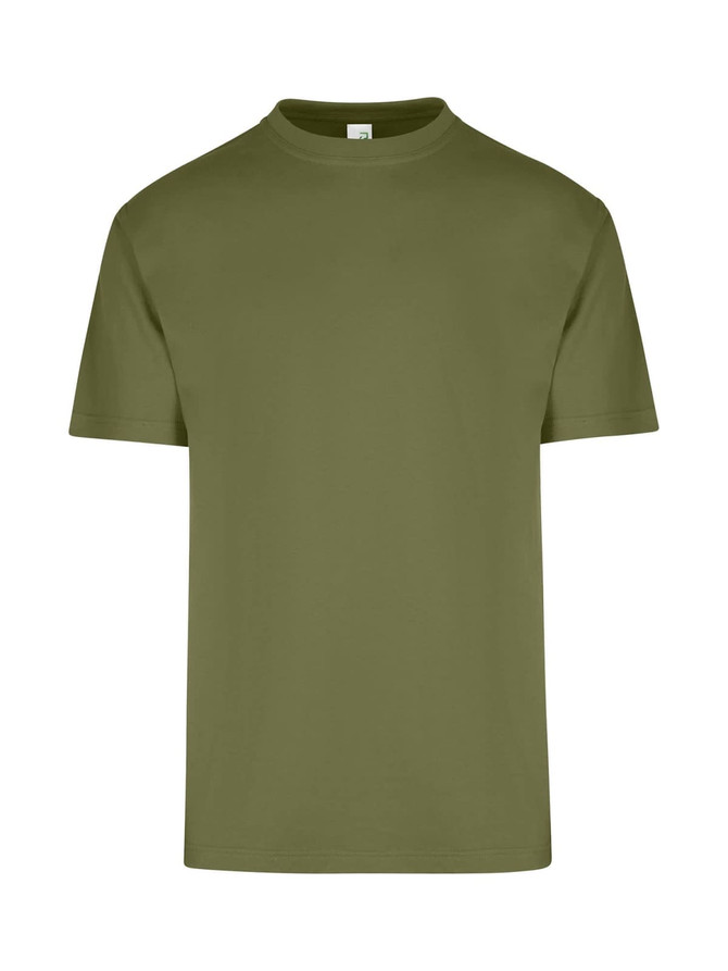 A regular T-shirt in olive green with a round neck and short sleeves, featuring a logo.