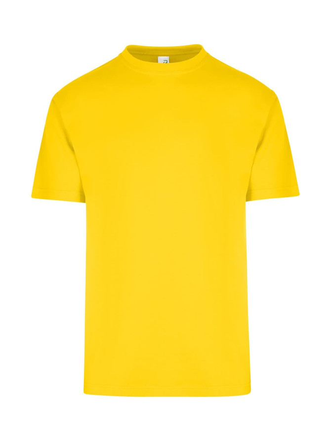 A yellow unisex regular T-shirt featuring a round neckline and short sleeves, with a logo on the front.