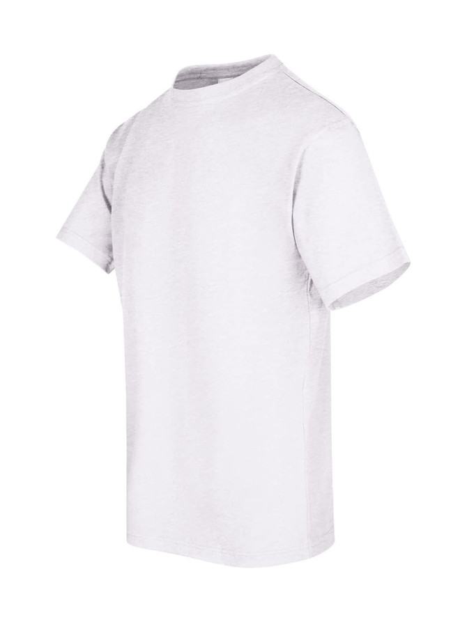 A white unisex regular T-shirt with short sleeves and a round neckline, featuring a small logo on the side.