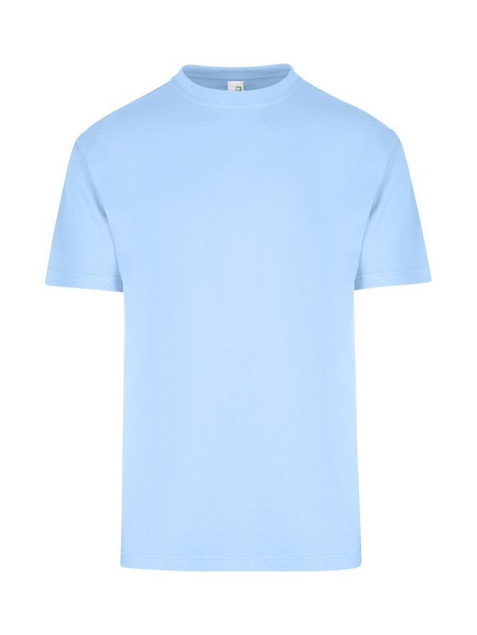 A light blue unisex regular T-shirt with short sleeves and a round neckline. It features a logo on the inside label.