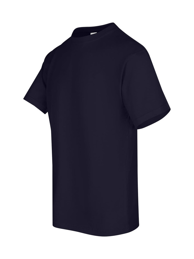 A navy blue unisex regular T-shirt with short sleeves and a plain design. It features a logo on the side.