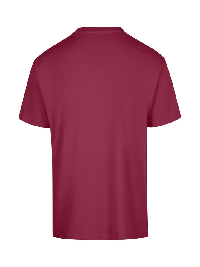 A maroon unisex regular t-shirt displayed from the back, featuring a simple design and a logo.
