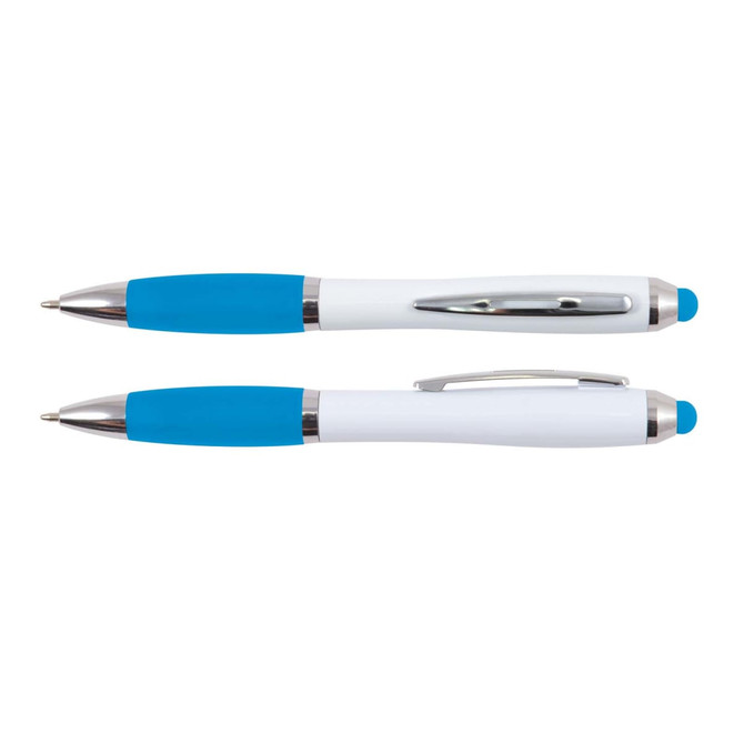 A stylus pen featuring a white barrel and blue grip, with a shiny chrome clip and tip. Two pens are displayed, one on top of the other.