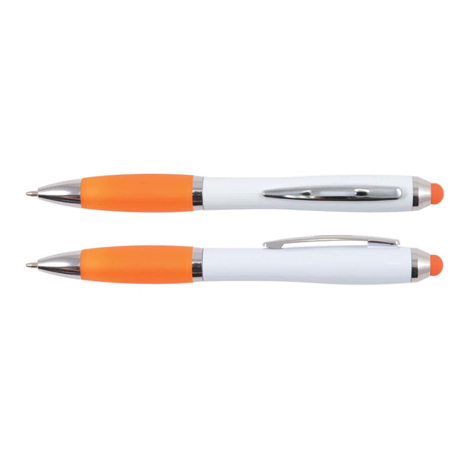 A stylus pen featuring a white body with orange accents and chrome details, shown from two angles.