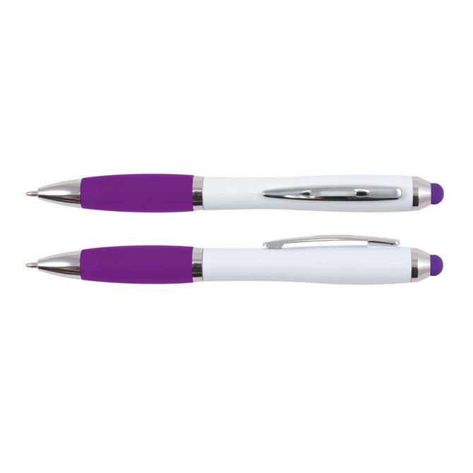 A stylus pen featuring a white body with purple grips and accents, designed for smooth writing and touchscreen use.