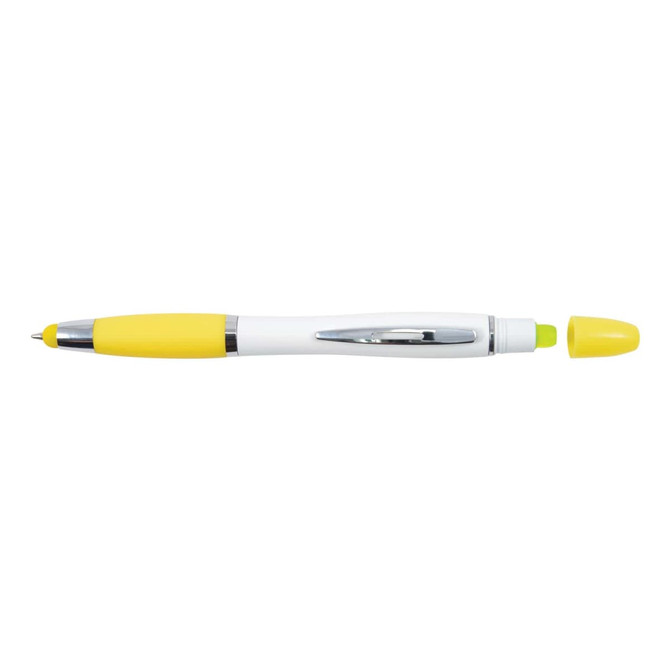A stylus pen and highlighter in white and yellow, featuring a chrome accent and a cap for the highlighter.