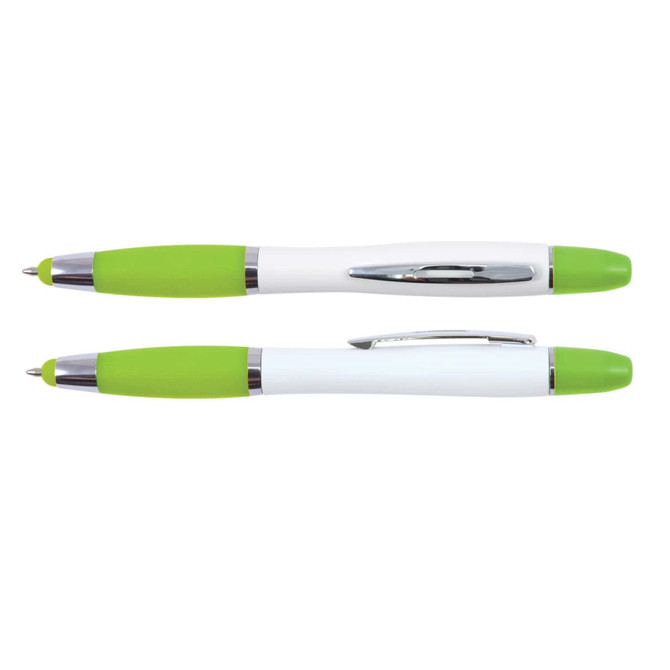 A green and white stylus pen and highlighter with a silver clip, featuring a sleek design and branding.