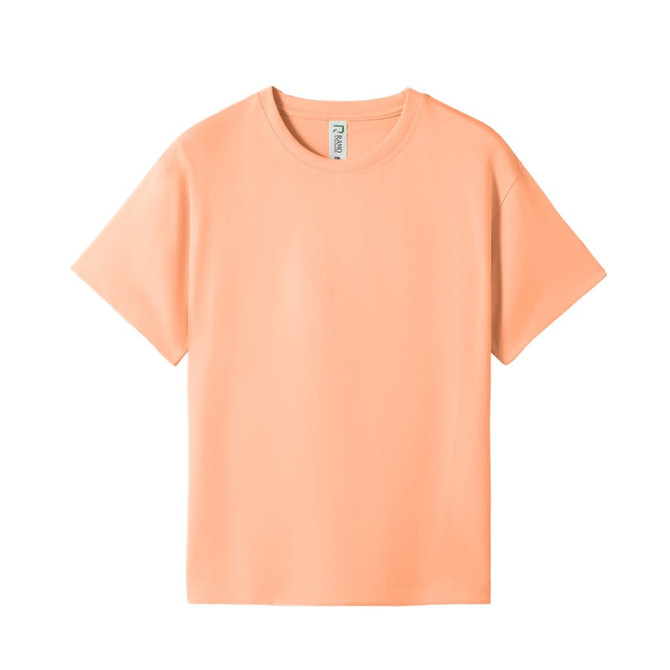 A kid's regular T-shirt in a soft peach colour, featuring a simple design and a logo on the label.