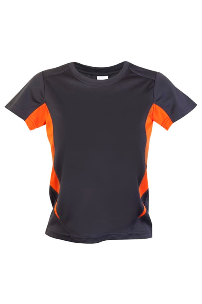 A dark grey T-shirt with orange accents, featuring a logo on the front. Perfect for active kids.