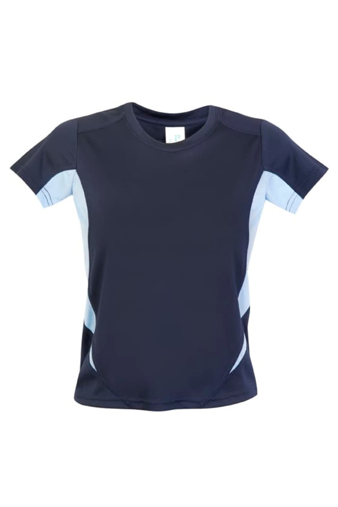 A navy-blue children's T-shirt with light blue side panels and a logo.