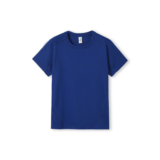 A blue Kids Accelerator Cool-Dry T-shirt with short sleeves and a smooth texture, featuring a logo.