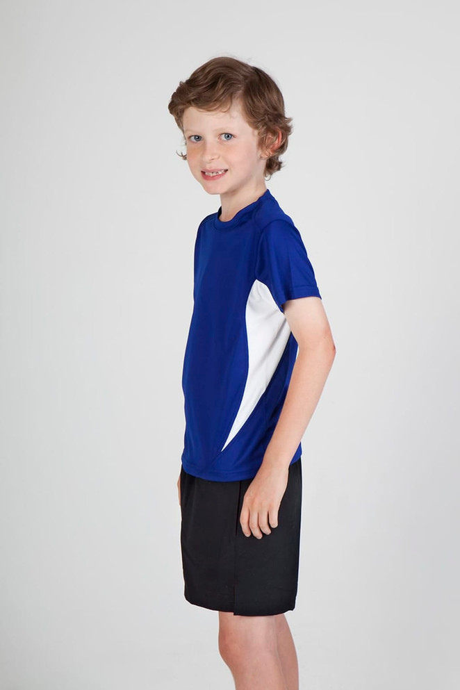 A blue Kids Accelerator Cool-Dry T-shirt with white accents, modelled by a smiling child in black shorts.