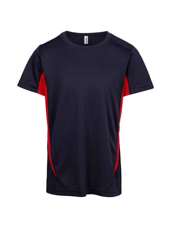 A navy blue and red kids’ T-shirt with short sleeves and a logo. Lightweight, moisture-wicking fabric is featured.