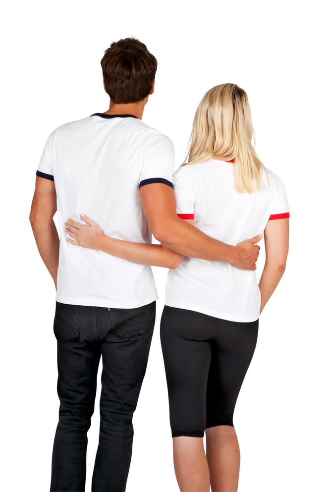 A white unisex ringer T-shirt with navy and red trim, worn by a man and woman from the back.
