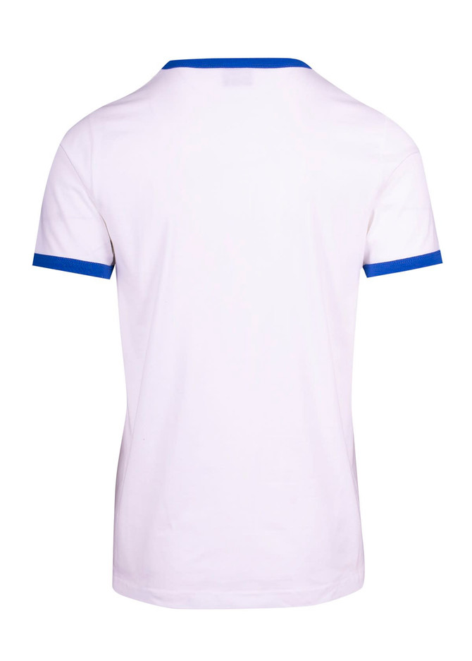 A white ringer t-shirt with blue accents on the neckline and sleeves. It features a logo.