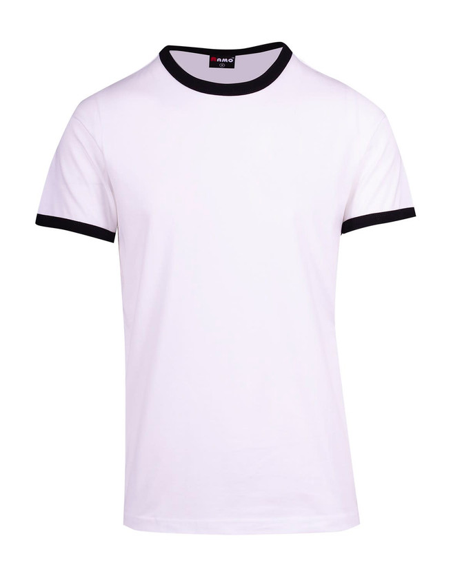 A white unisex ringer T-shirt with black collar and sleeve edges. The shirt features a logo on the tag.