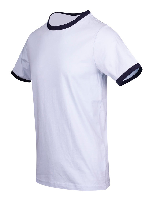 A white unisex ringer T-shirt featuring navy blue trim on the collar and sleeves, with a logo present.