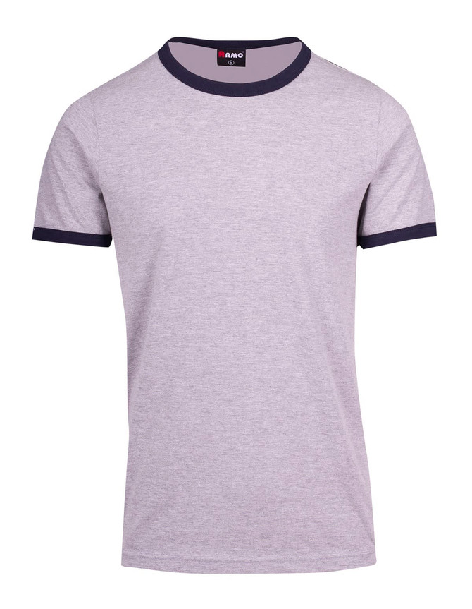 A grey men's/unisex ringer T-shirt with navy blue trim and a logo on the neckline.