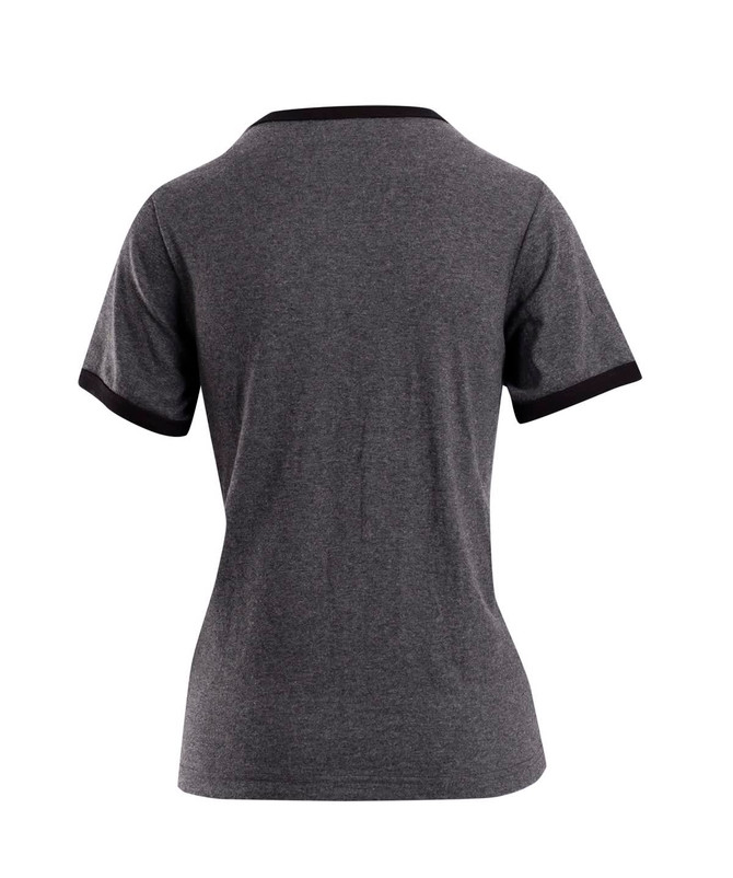 A unisex ringer T-shirt in grey with black trimming on the sleeves and collar, featuring a logo.