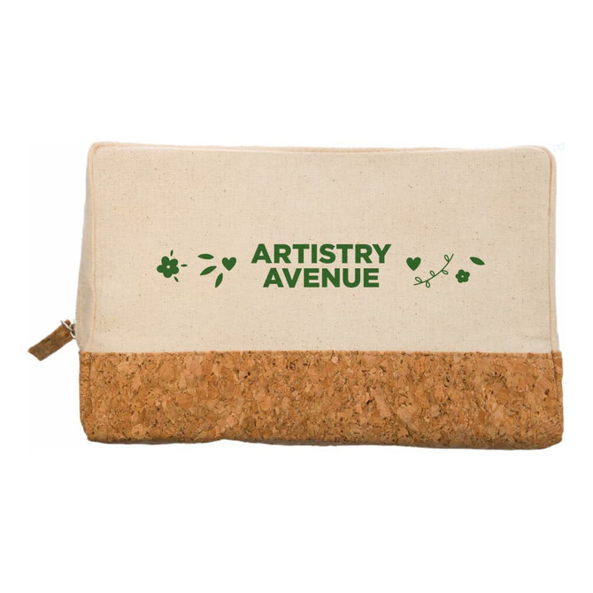 A utility case featuring a cream fabric body and a cork base, with green floral designs and branding.