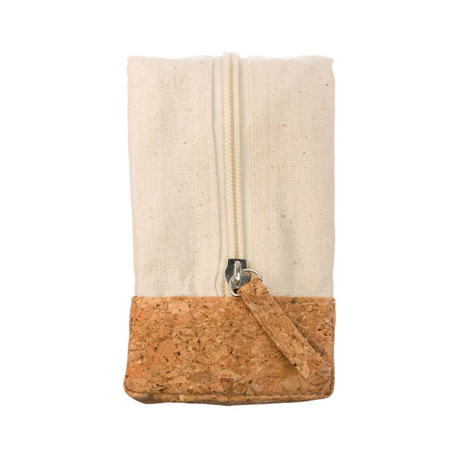 A utility case featuring a natural cork bottom and a canvas upper with a zipper closure.