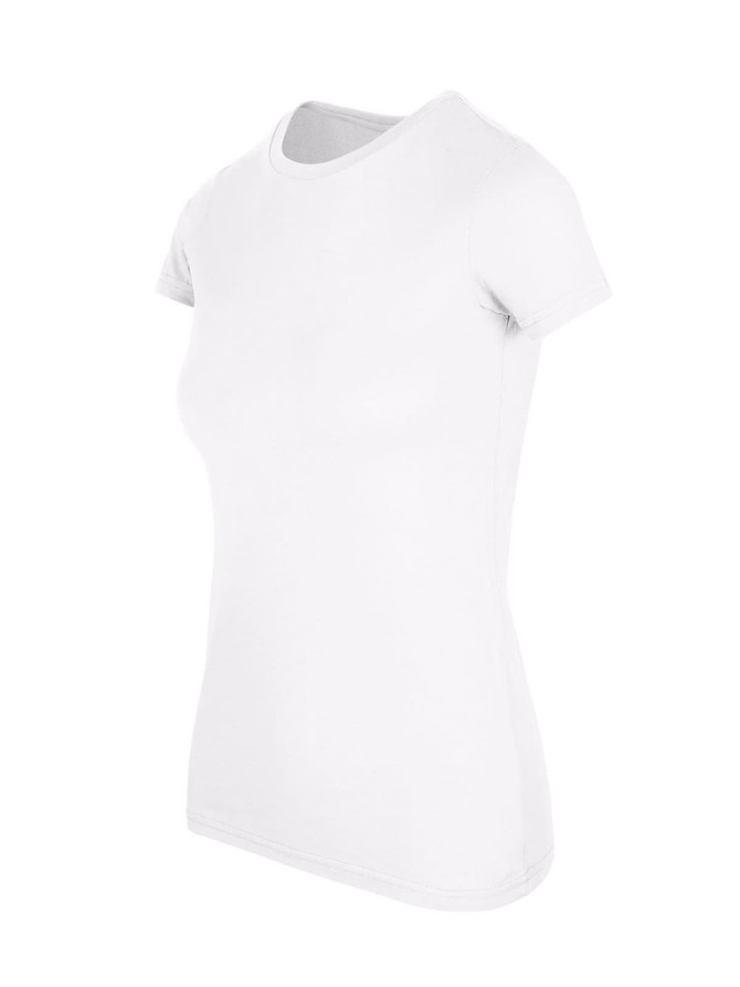 A white women's T-shirt with a classic fit and short sleeves, featuring a slight stretch.
