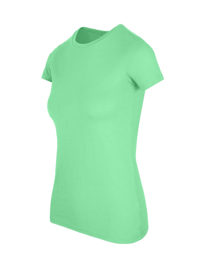 A women's fitted T-shirt in vibrant green, featuring short sleeves and a simple design, has a logo on the front.