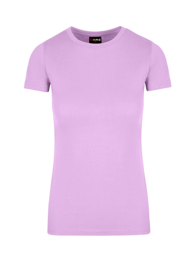 A women's American style t-shirt in a soft lavender colour, featuring short sleeves and a round neckline.