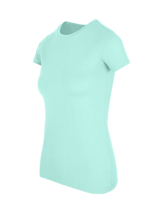 A women's t-shirt in a light mint colour, featuring a fitted style and short sleeves. It has a logo on the front.