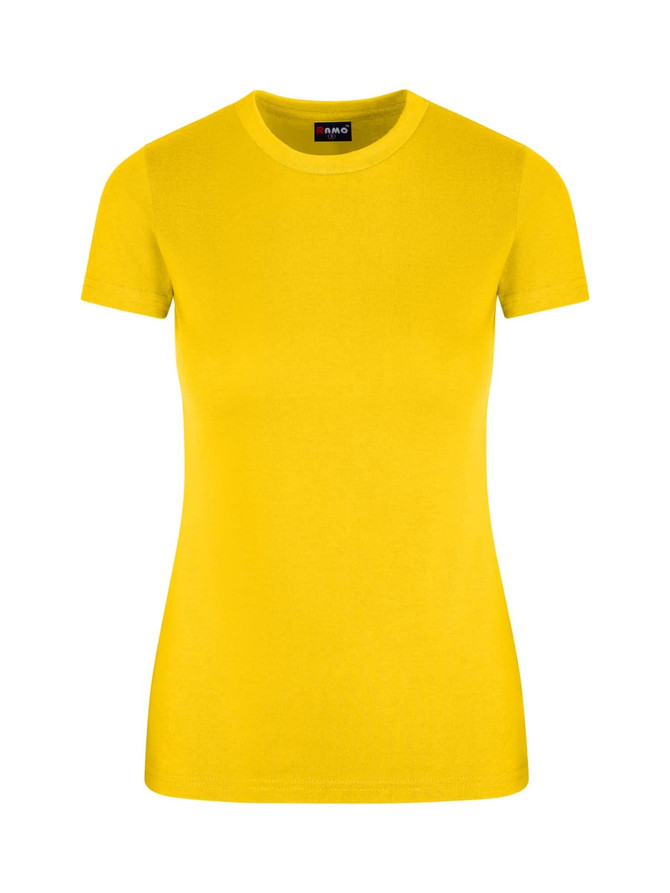 A bright yellow women's slim fit t-shirt with a round neckline and short sleeves. The shirt has a logo on the label.