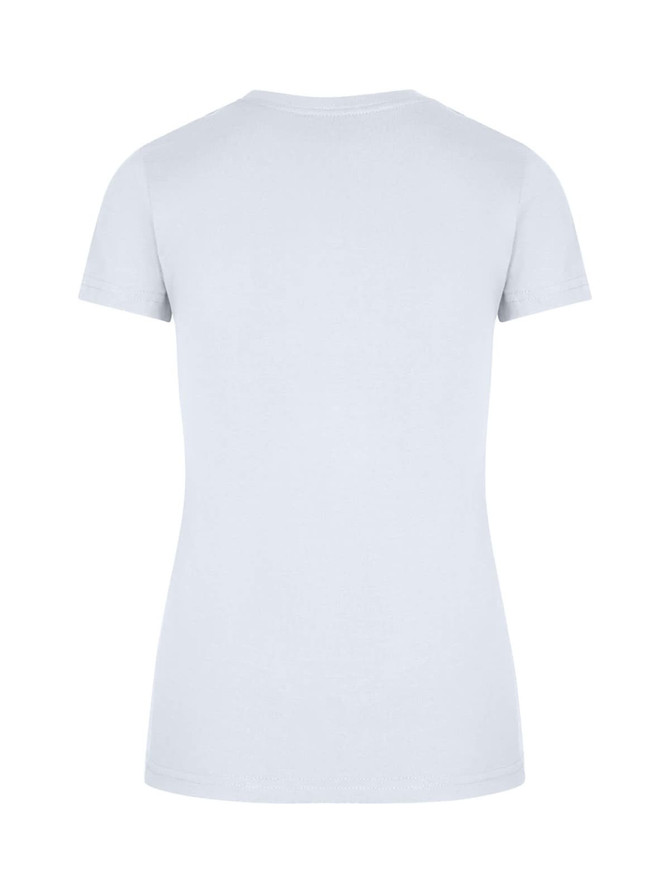 A light blue women's slim fit tee with short sleeves and a round neckline. The back view reveals a smooth design.