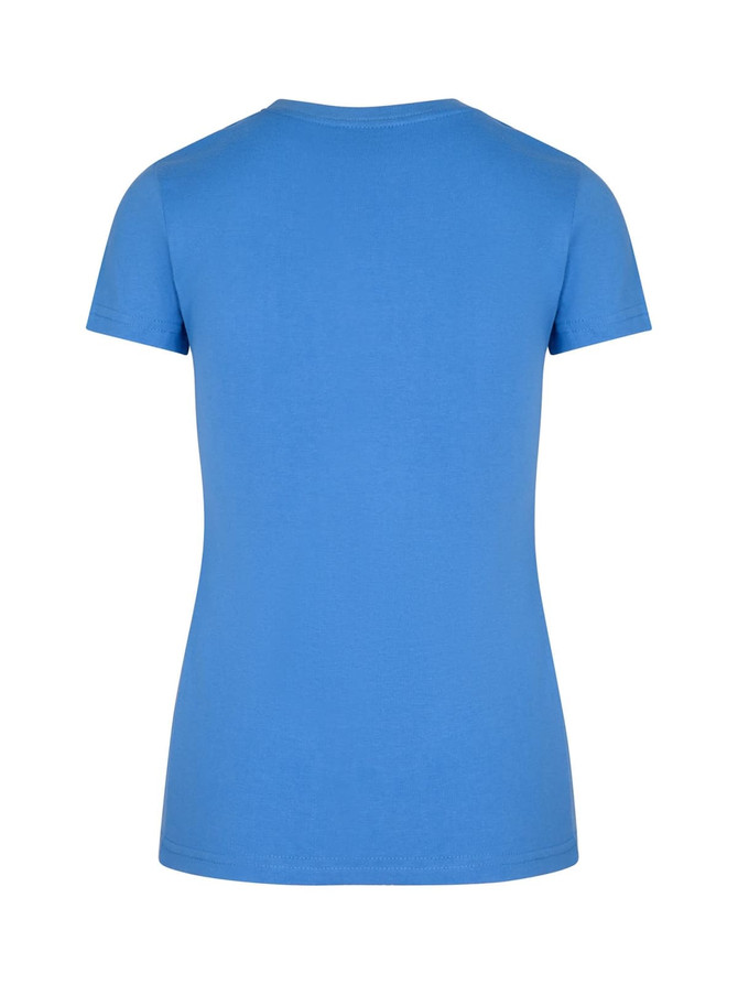 A women's slim fit tee in bright blue, featuring a classic short sleeve and round neckline design. It has a logo on the back.